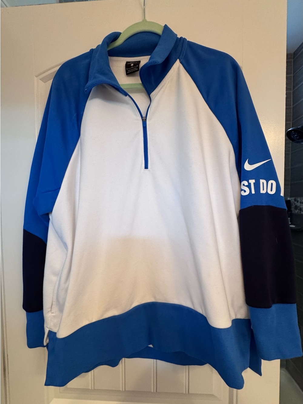 Nike White and Blue Half-Zip Pullover with Blue/Navy Sleeve Panels